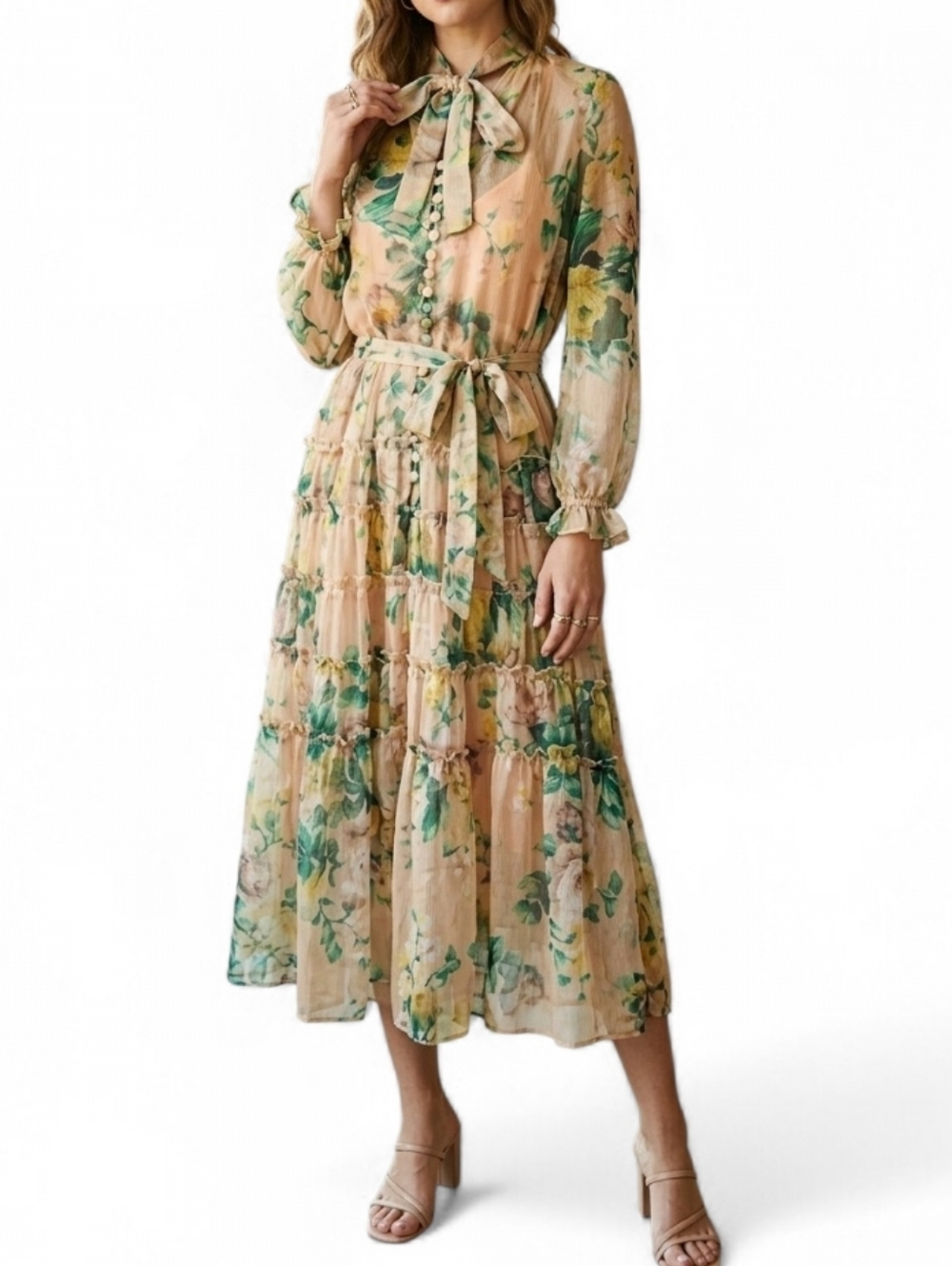 O.P.T. Small Beige Floral Tiered Midi Dress - Romantic Tie Neck
